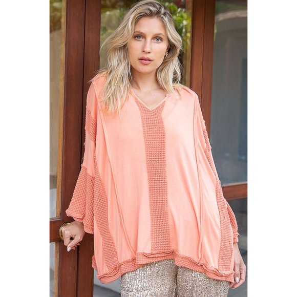 POL Tops - POL Coral Orange Oversized fit V-neck 3/4 Sleeve Thermal Knit Top